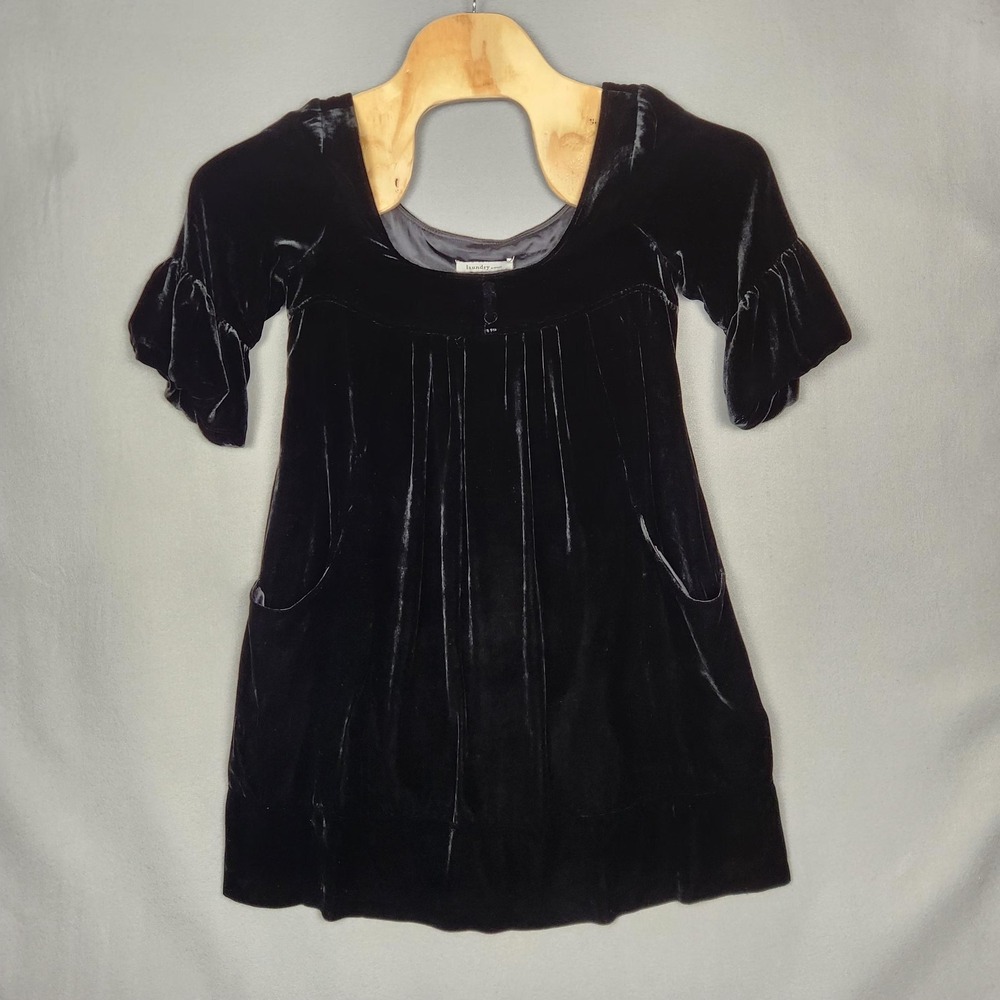 Laundry By Design Dress Womens Small Black Velvet Short‎ Sleeve Ruffle Pockets